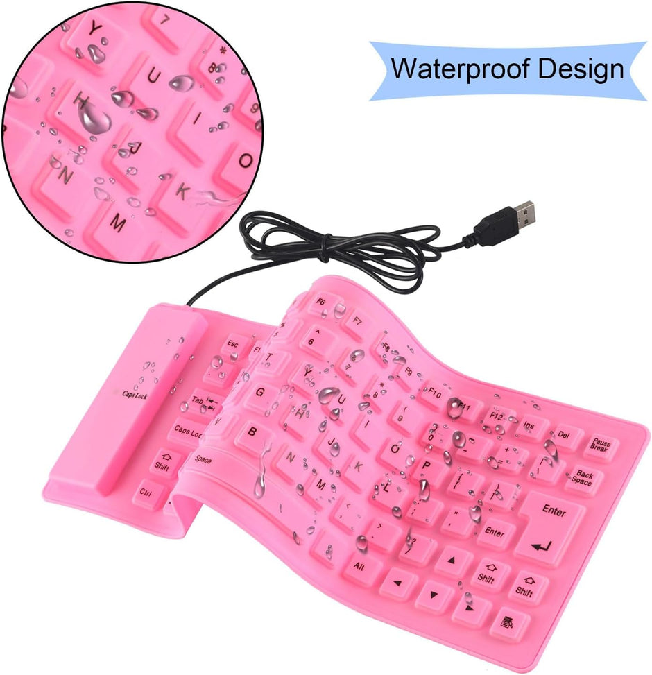 Foldable Silicone Keyboard, USB Keyboard, Wired Keyboard, 85 Keys USB Wired Waterproof Folding Silicone Keyboard for PC Laptop Notebook Pink