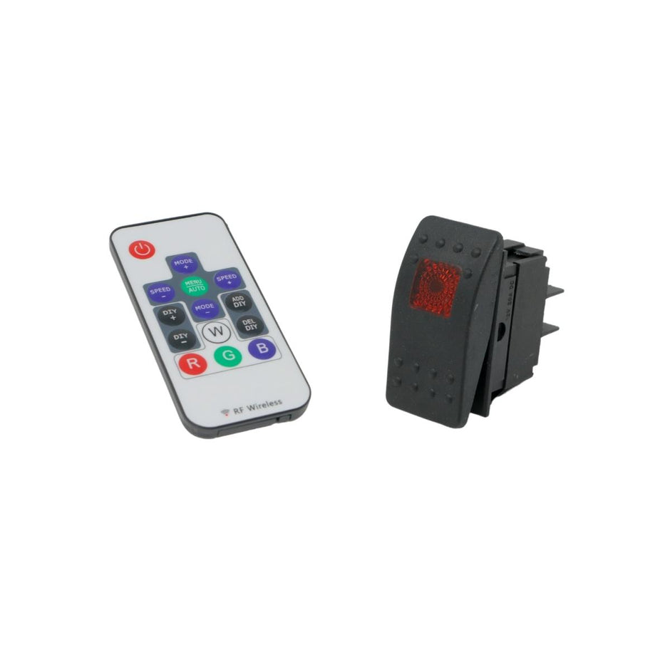 The image displays a wireless remote control for the RPM XED Waterproof Soundbars, featuring various colored buttons labeled with letters and symbols, alongside a black rectangular switch with a red square indicator, both set against a white background.