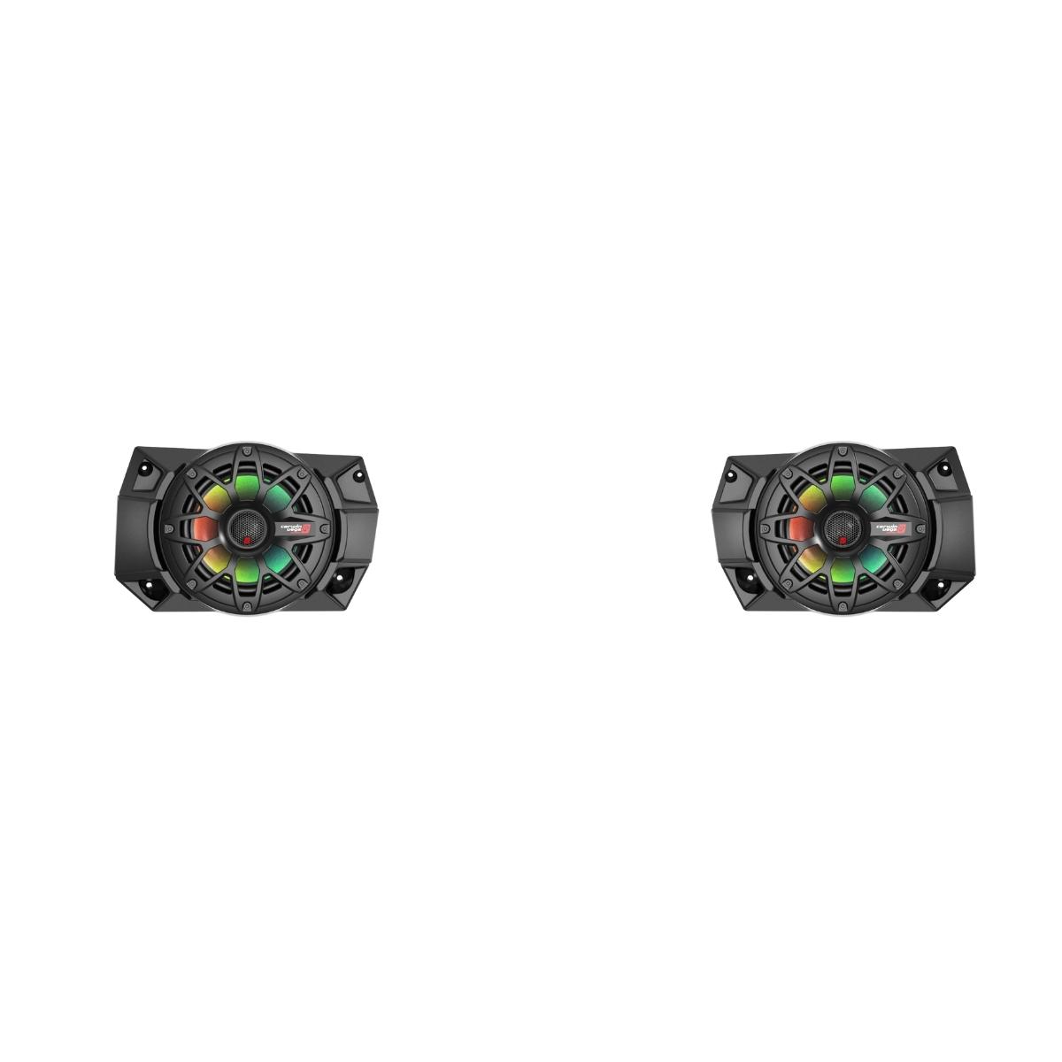 Two futuristic black speakers with colorful LED center lights on a white background, featuring angular geometric housings and visible mounting screw holes. Ideal for the 2018+ Polaris® Ranger XP1000 Dash Audio Kit (RPMRGRDA) to enhance any off-road adventure.