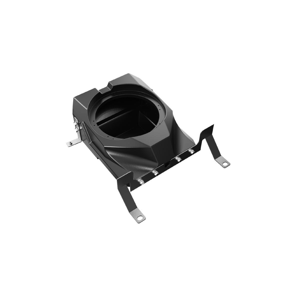 The image shows a black plastic air vent adapter with a circular opening, similar to elements in the 2017+ Can Am Maverick X3/X3 Max Complete Speaker Kit, featuring angular surfaces and two mounting brackets on a white background.