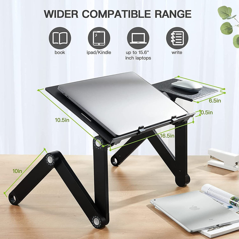 Adjustable Laptop Table Stand with Cooling Fan, Foldable Standing Desk & Non-Slip Mousepad (Silver)