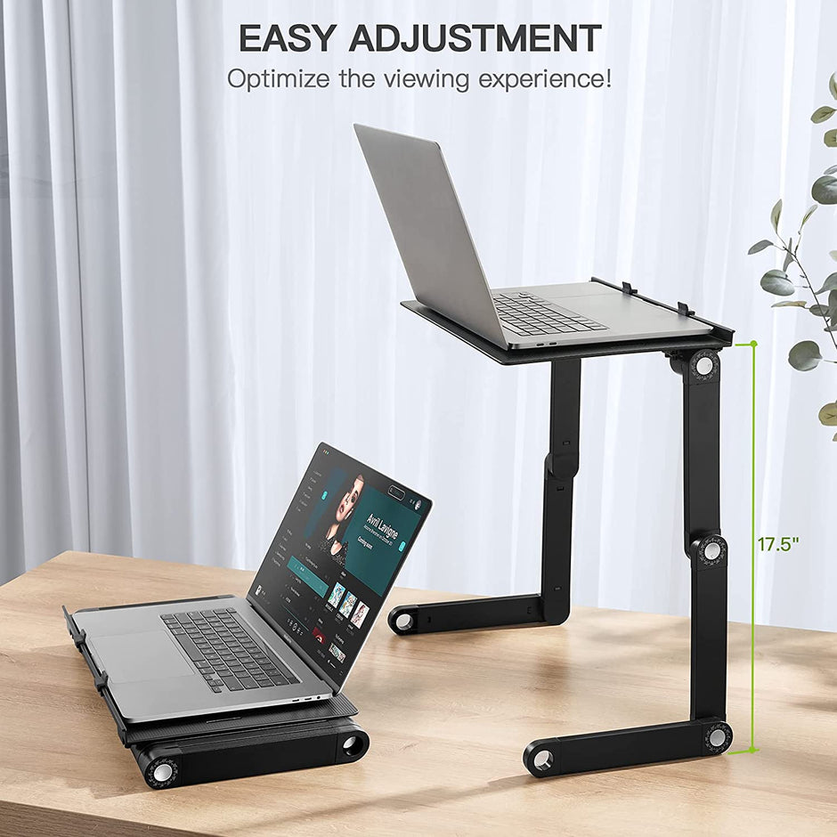 Adjustable Laptop Table Stand with Cooling Fan, Foldable Standing Desk & Non-Slip Mousepad (Gray)