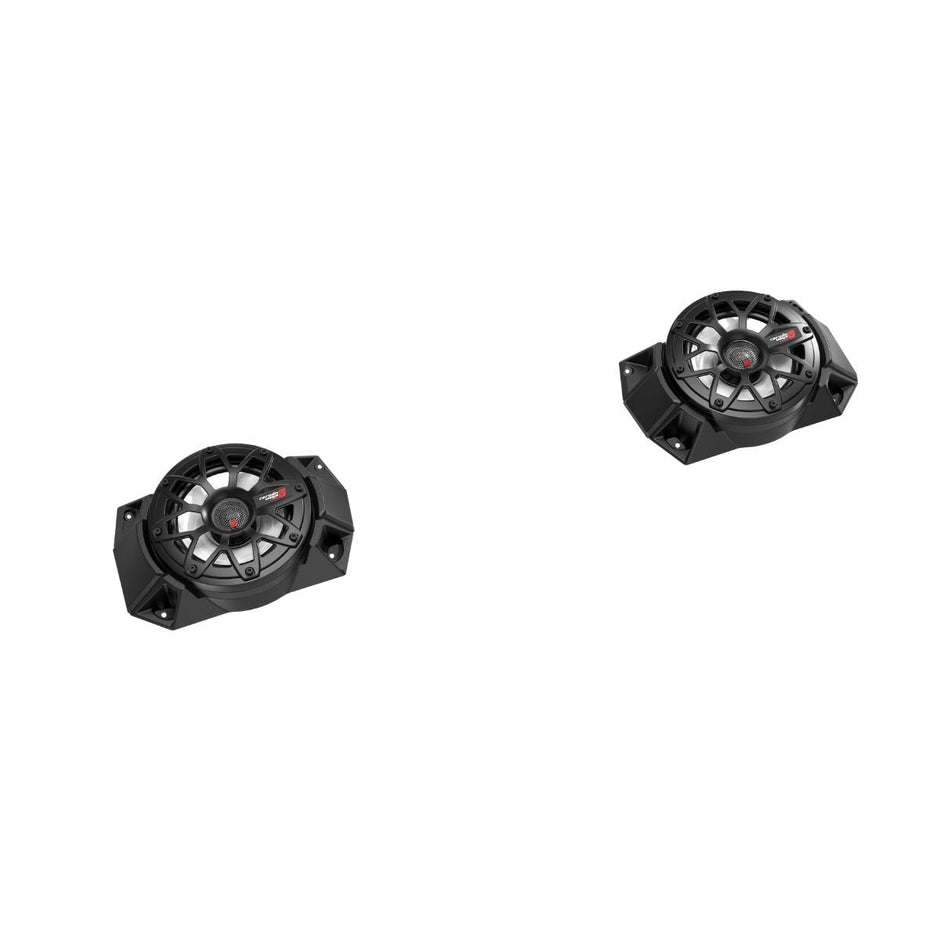 Two black speakers with mounting brackets are shown on a white background. Each has a central cone and circular grille. The sleek, modern design with geometric elements perfectly complements the 2018+ Polaris® Ranger XP1000 Dash Audio Kit - RPMRGRDA.