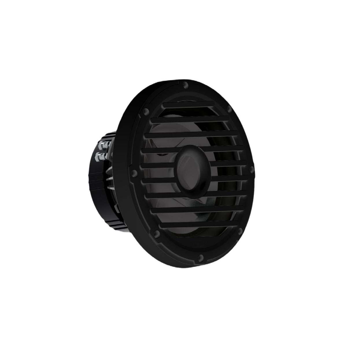 This image showcases a sleek black 6.5” tower speaker from the Can Am Maverick X3/X3 Max Speaker Kit, featuring a circular grille with horizontal slats and intricate metallic connectors. Designed for high performance, it seamlessly fits into the 2017+ RPMX3KM3 kit with other components.