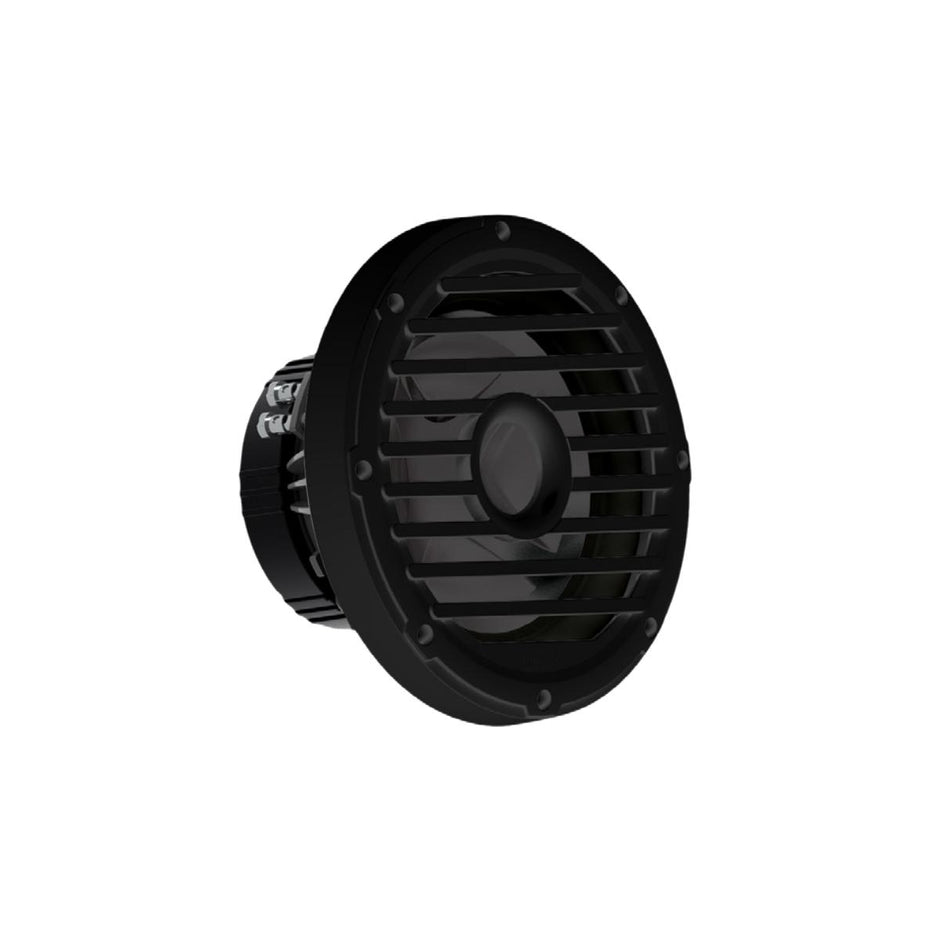 The 10” sealed marine subwoofer from the 2017+ Can Am Maverick X3/X3 Max Complete Speaker Kit features a protective grille on its black, round casing with visible rim screws. It rests slightly angled to the right against a plain white background.
