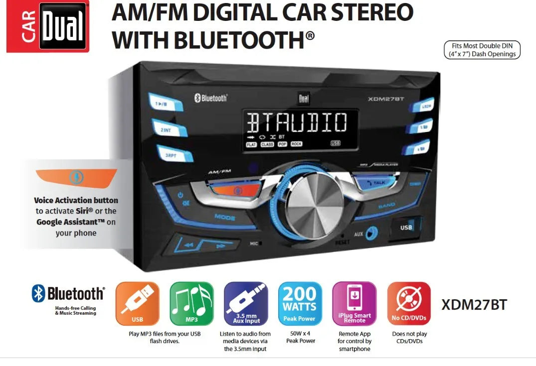 Dual XDM27BT AM/FM Car Stereo Receiver with Bluetooth Connectivity Double DIN