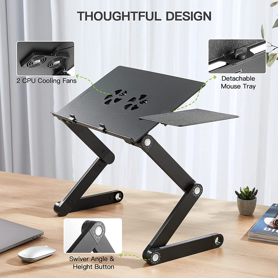 Foldable Standing Desk with Cooling Fan, Non-Slip Mousepad, Adjustable Height for Laptop - Blue