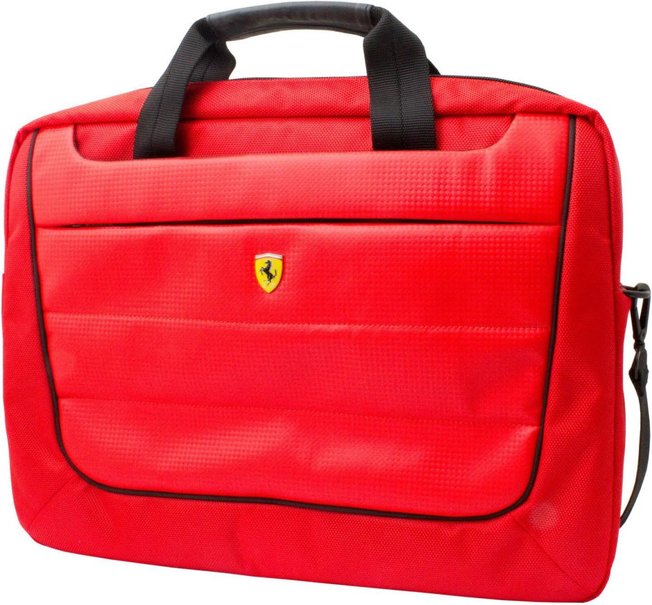 FERRARI Laptop Computer Messenger Bag Red with Black Piping and Embossed Yellow Logo