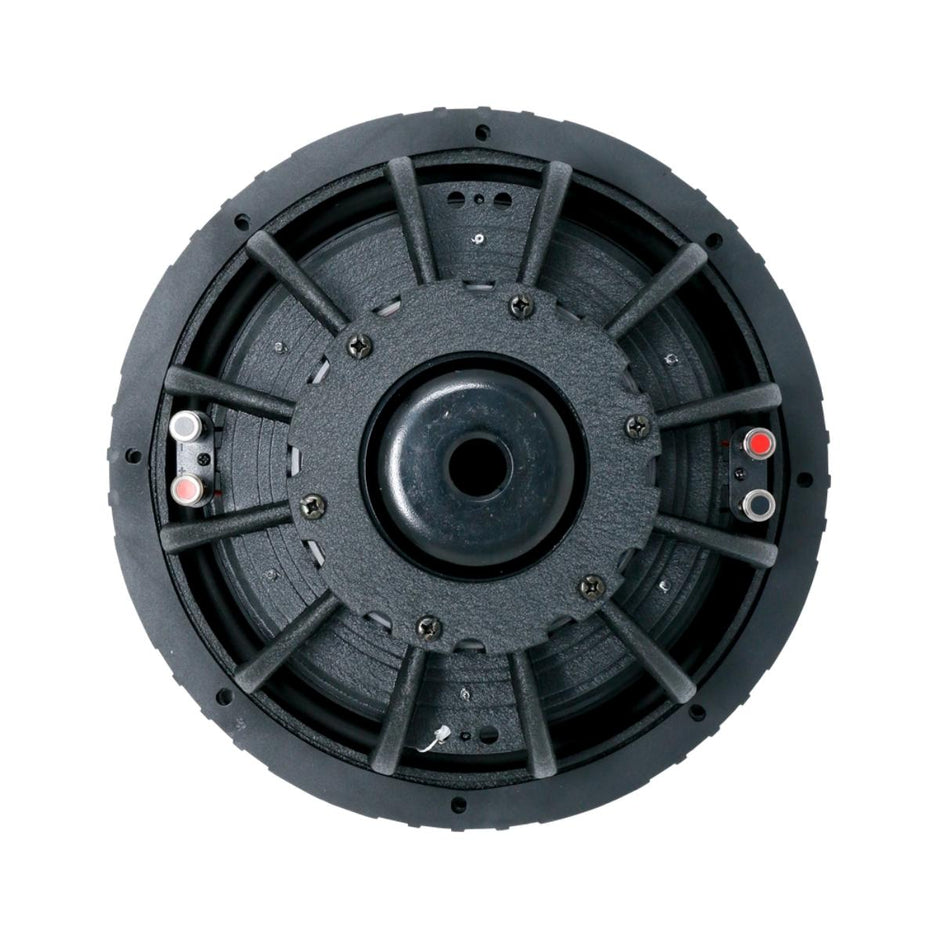Close-up of a black mechanical component resembling a speaker, ideal for car audio enthusiasts. It features a circular, ribbed design like the VMAXX 12