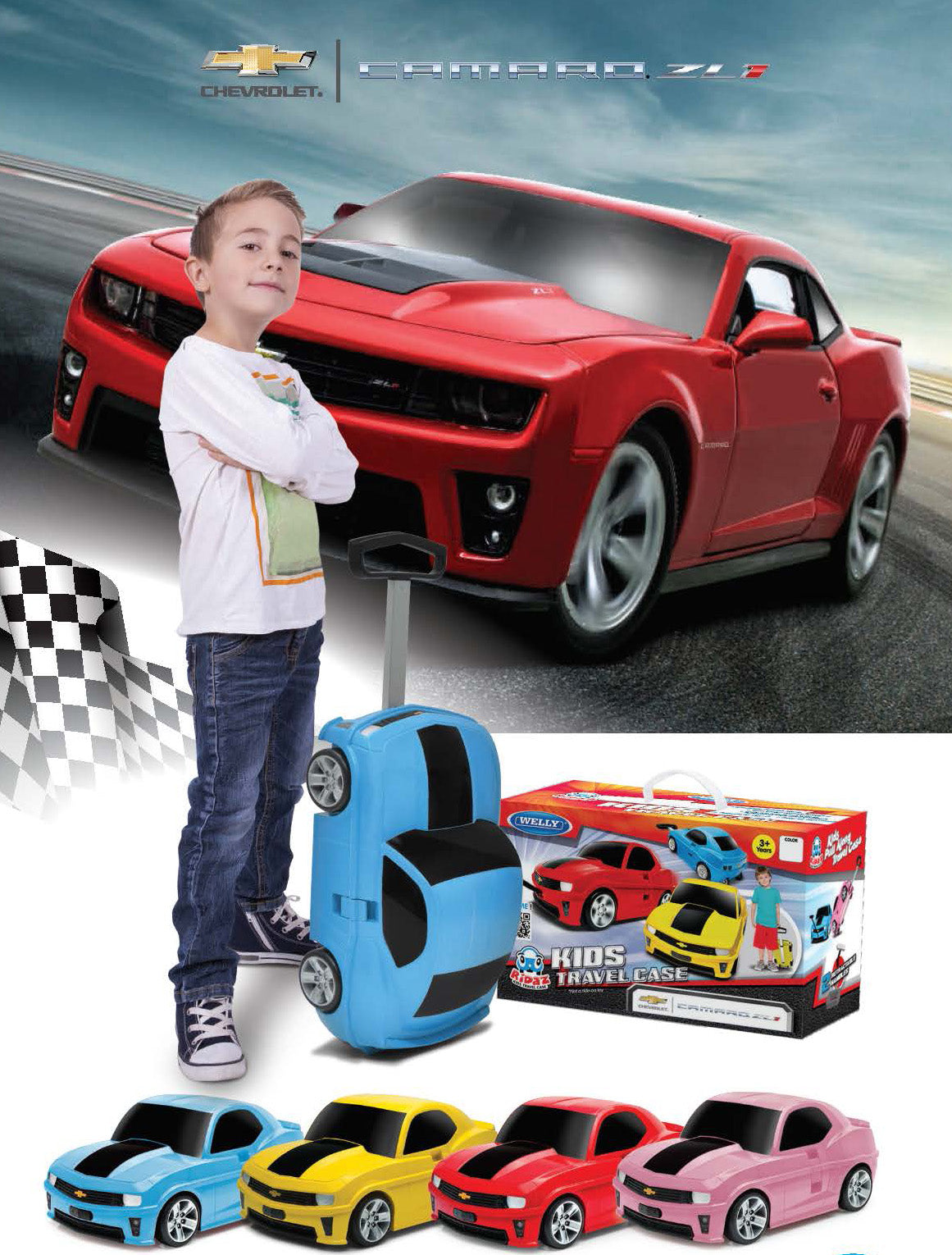 Kids Car Travel Luggage Suitcase with Wheels Children Trolley Case Muscle Car Design White