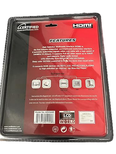 Certified 6FT HDMI Cable - High-Speed 18Gbps, 4K 60Hz, HDR, 3D, Audio Return, Gold Plated Connectors, Ultra Durable - Compatible with TV, PS4, Xbox, Blu-ray, PC