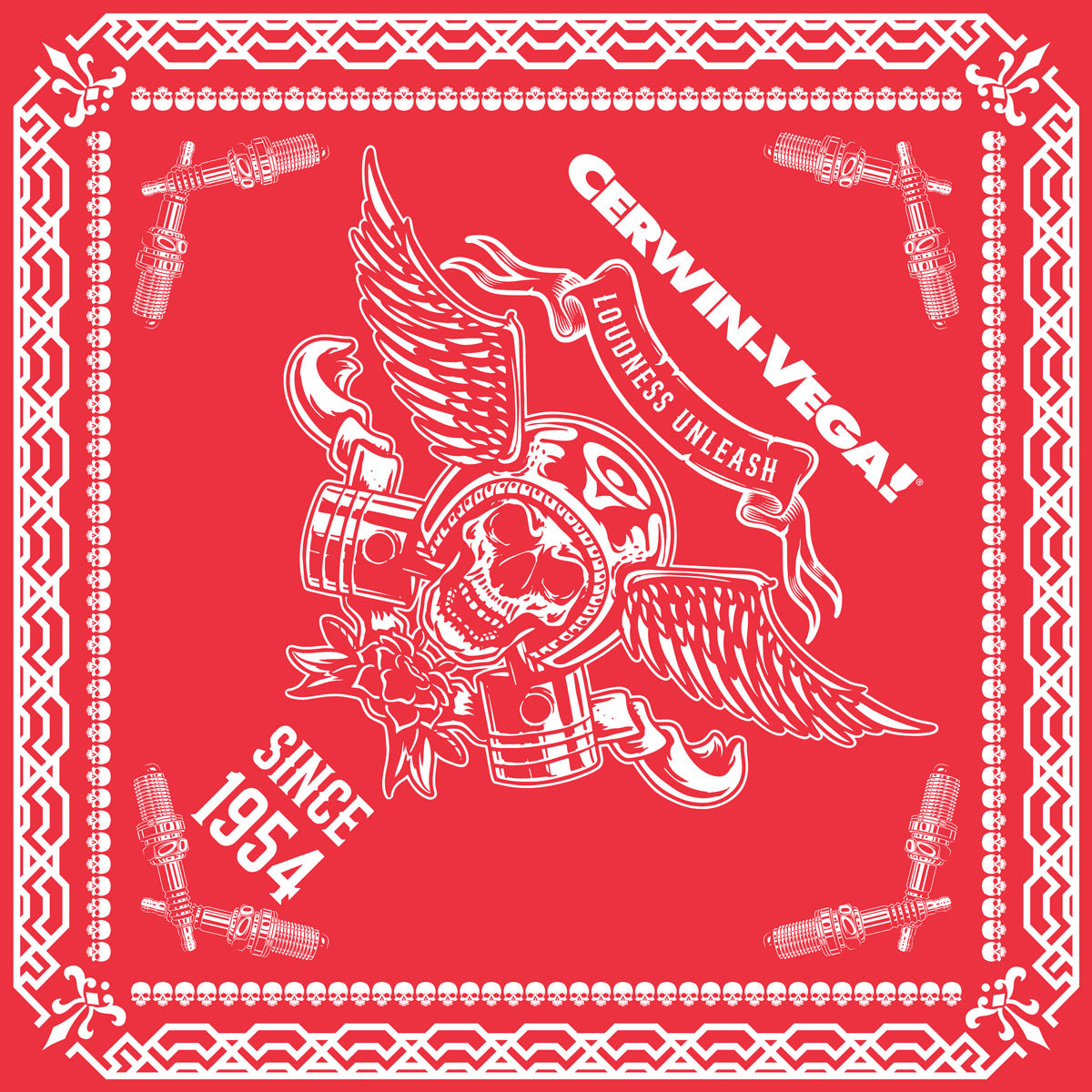 The Cerwin-Vega! Signature Red Bandana boasts a central winged skull with headphones and star, surrounded by crossed pistons, flowers, detailed corner speakers, and 