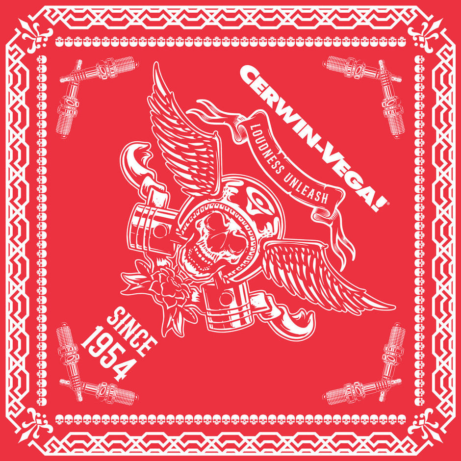 The Cerwin-Vega! Signature Red Bandana boasts a central winged skull with headphones and star, surrounded by crossed pistons, flowers, detailed corner speakers, and 