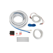 Image showcasing the Marine Amp Kit: includes a coiled white braided cable, two smaller white coiled cables, a blue cable, black switch, black zip ties, red and blue terminal connectors, and two connector wires with red ends. All arranged on a white background.