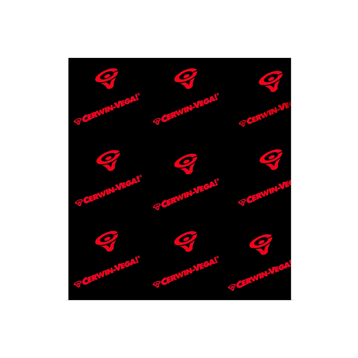 Featuring a sleek black background with a red pattern of the Cerwin-Vega logo resembling an eye, the Bass Mat Boldly displays 