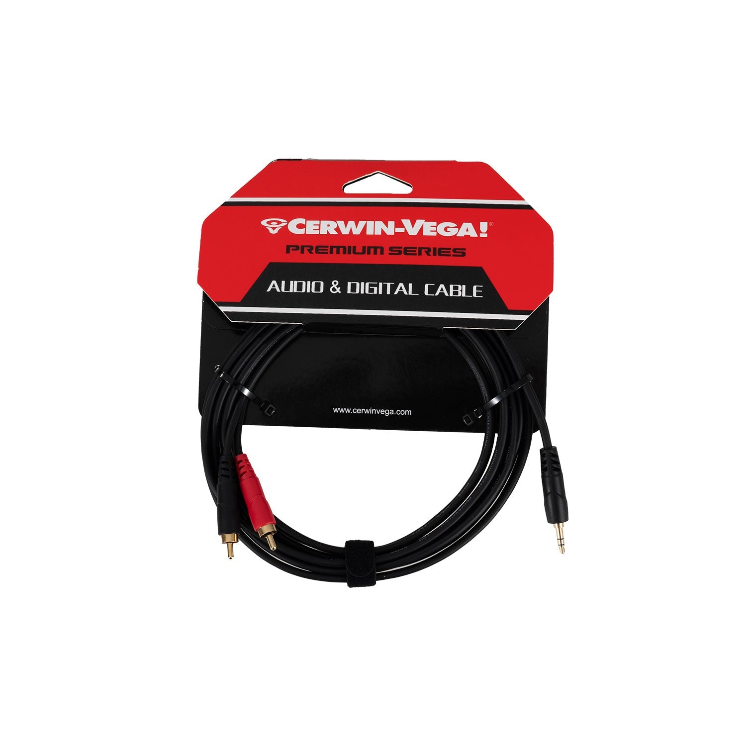 The CBL35MMDRCA10 features a 3.5mm stereo male plug to dual RCA male connectors (red and black) in a red and black Cerwin-Vega! Premium Series holder, with interference-free audio and Velcro strap for securing.