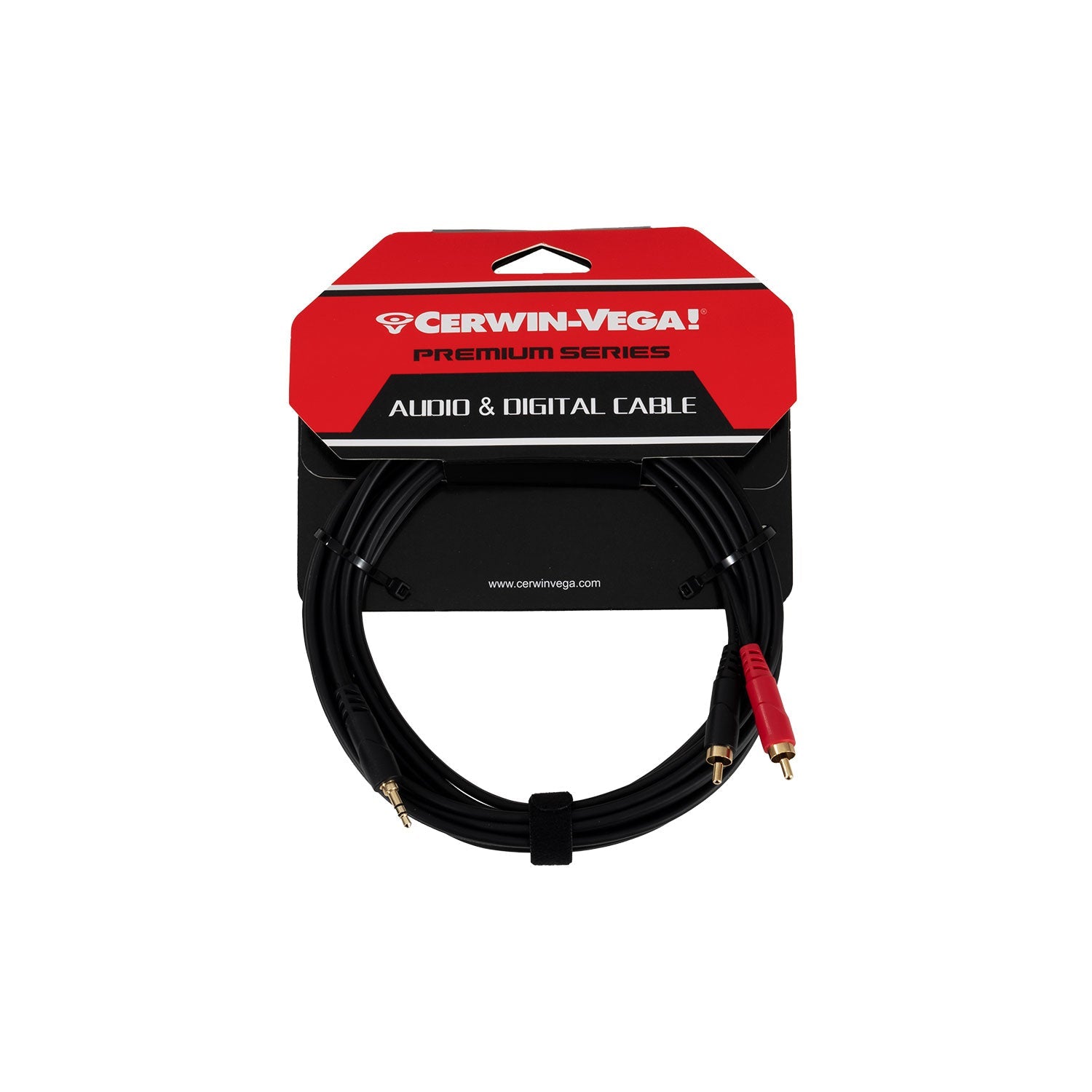 The Cerwin-Vega CBL35MMDRCA15 features dual RCA connectors, a coiled black audio cable with red and metallic accents on sleek black/red backing labeled 
