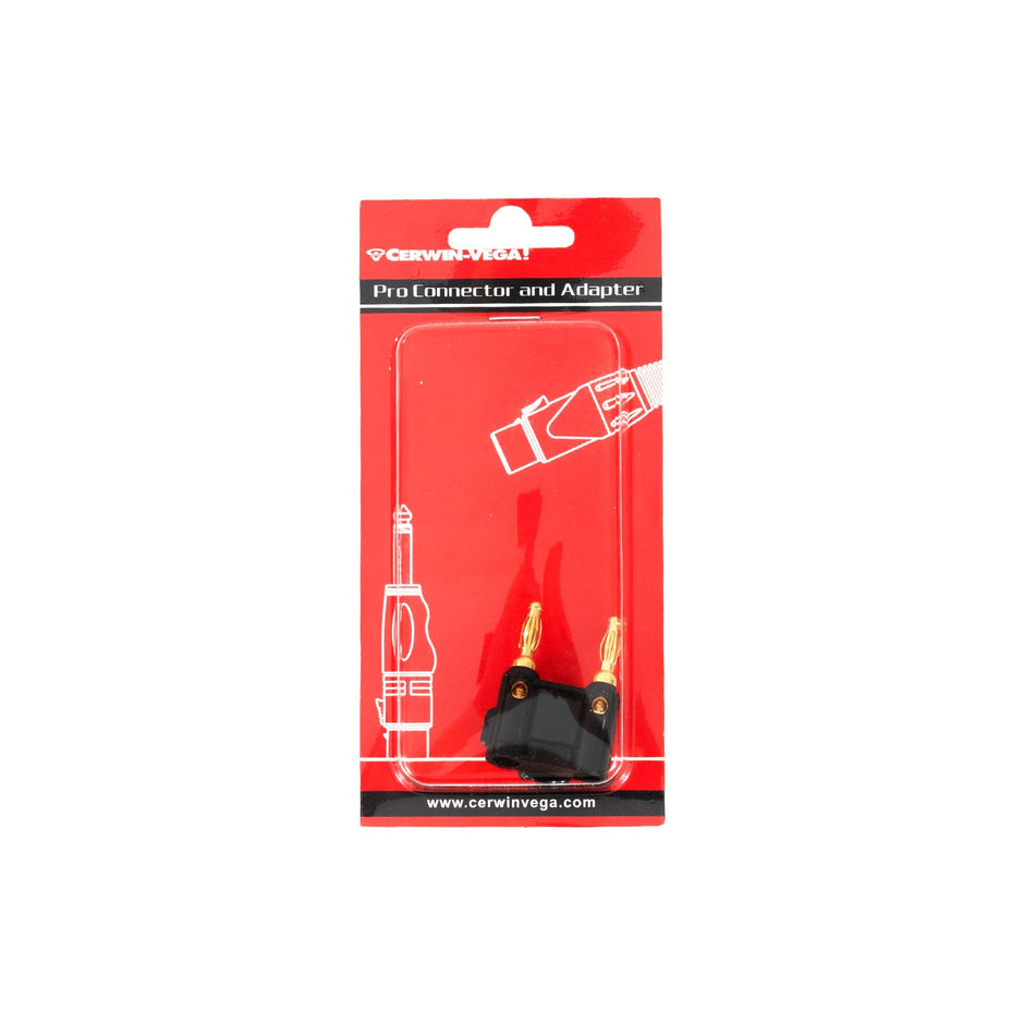 The red "Cerwin Vega" packaging for the CBLDBP15B - Dual Banana Plug - Black includes a pro connector and black adapter with dual gold banana plug connectors, illustrated and featuring "www.cerwinvega.com" at the bottom.