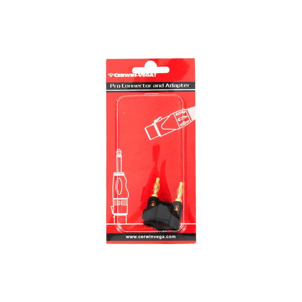 The red "Cerwin Vega" packaging for the CBLDBP15B - Dual Banana Plug - Black includes a pro connector and black adapter with dual gold banana plug connectors, illustrated and featuring "www.cerwinvega.com" at the bottom.