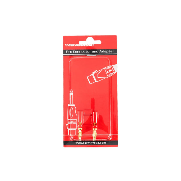 The red packaging for CBLDBP15R - Dual Banana Plug highlights its optimized signal transfer with two gold-plated connectors and an illustration of a connector with audio equipment. The text and brand logo are prominently displayed at the top and bottom.