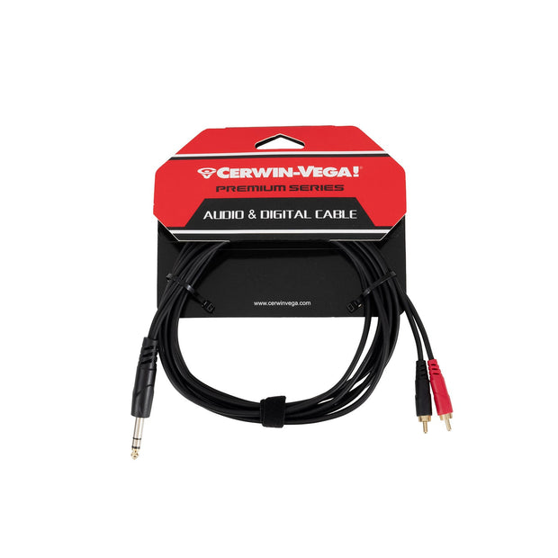 The CBLDRCATRS12 cable by Cerwin-Vega's Premium Series combines sleek black and red packaging with a 12FT length, featuring a 1/4" Male Stereo end and RCA Dual Male connectors, accented with bold white text showcasing the brand's excellence.