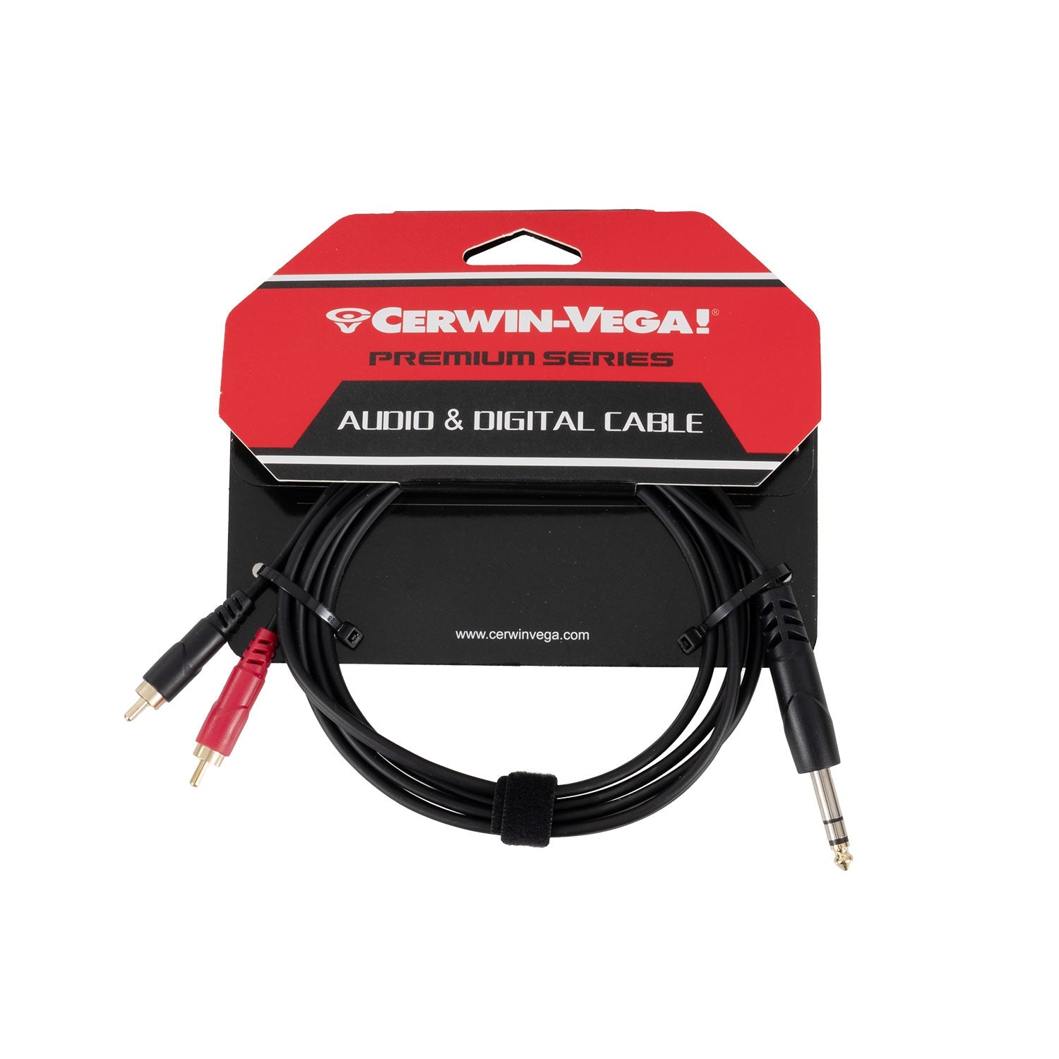 The CBLDRCATRS6 package features a high-purity copper Cerwin-Vega stereo cable in black. It includes red and black RCA dual male connectors on one end and a single 1/4