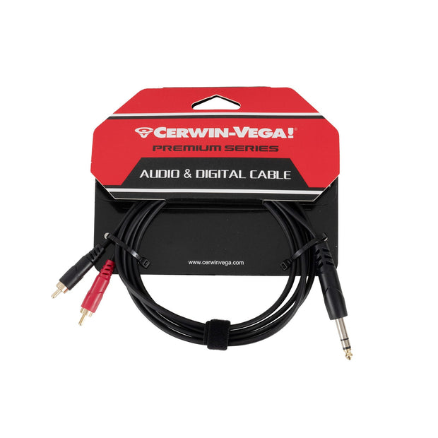 The CBLDRCATRS6 package features a high-purity copper Cerwin-Vega stereo cable in black. It includes red and black RCA dual male connectors on one end and a single 1/4" jack on the other, all in red and black "Premium Series" packaging with a handy hanging tab.