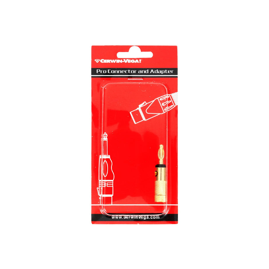 The red blister packaging features a CBLSBP15B - SINGLE BANANA PLUG - BLACK by Cerwin-Vega, showcasing gold-plated connectors with a knurled grip. White audio connection illustrations adorn the red backdrop, with the brand name on top and the website at the bottom.
