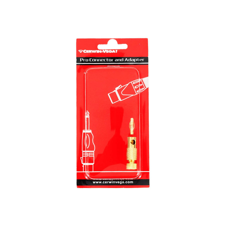 The CBLSBP15R Single Banana Plug - Red by Cerwin-Vega comes in striking red packaging with gold-plated connectors for versatile compatibility. White illustrations and branding are displayed, with the plug visible through the plastic and the website URL printed at the bottom.