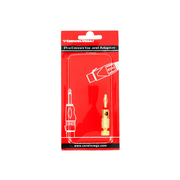 The CBLSBP15R Single Banana Plug - Red by Cerwin-Vega comes in striking red packaging with gold-plated connectors for versatile compatibility. White illustrations and branding are displayed, with the plug visible through the plastic and the website URL printed at the bottom.