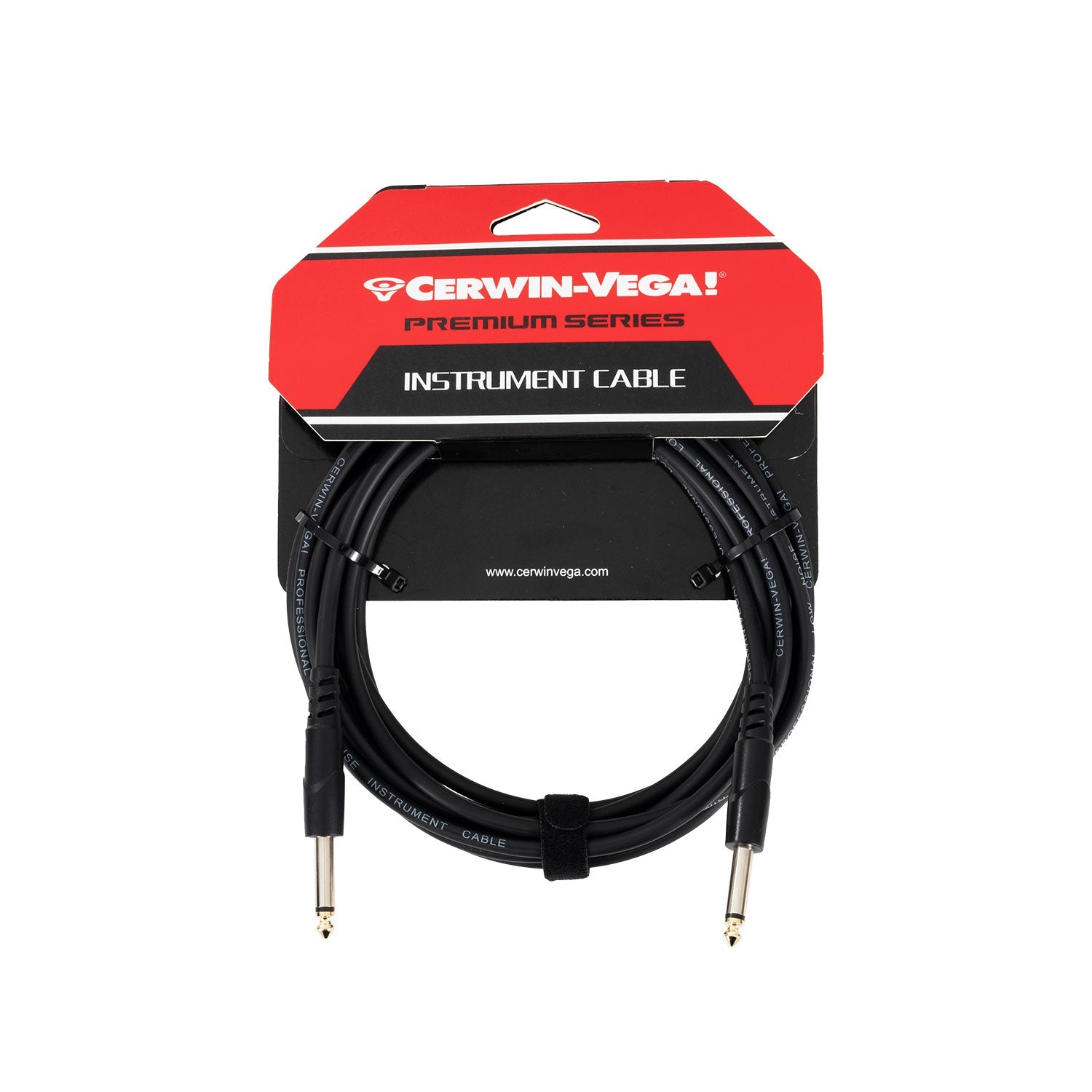 The CBLTRS15 Premium Series instrument cable by Cerwin-Vega is neatly coiled and features a flexible black design with two silver 1/4