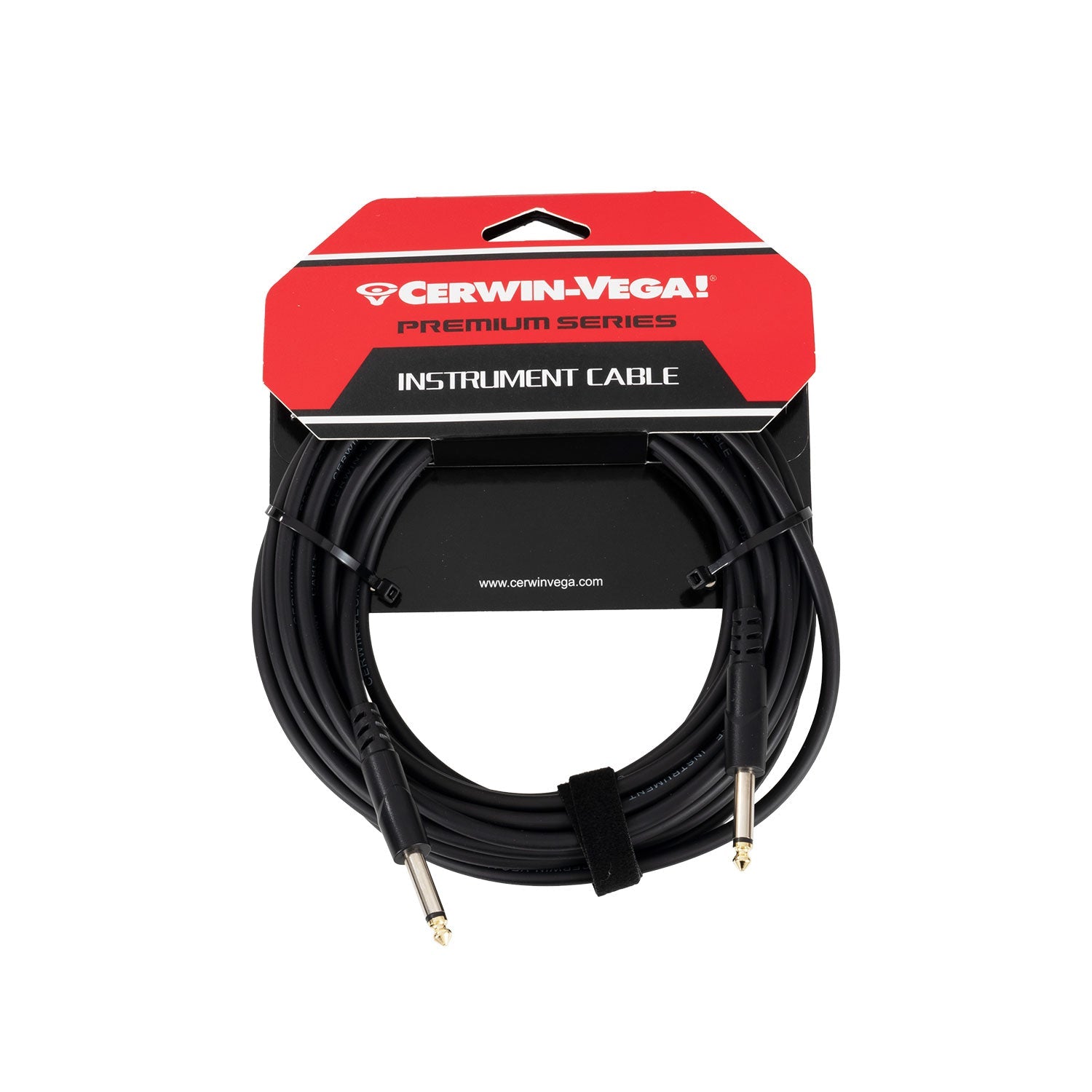 The Cerwin-Vega CBLTRS25, a 25FT premium audio cable with oxygen-free copper, is packaged in red and black packaging labeled 
