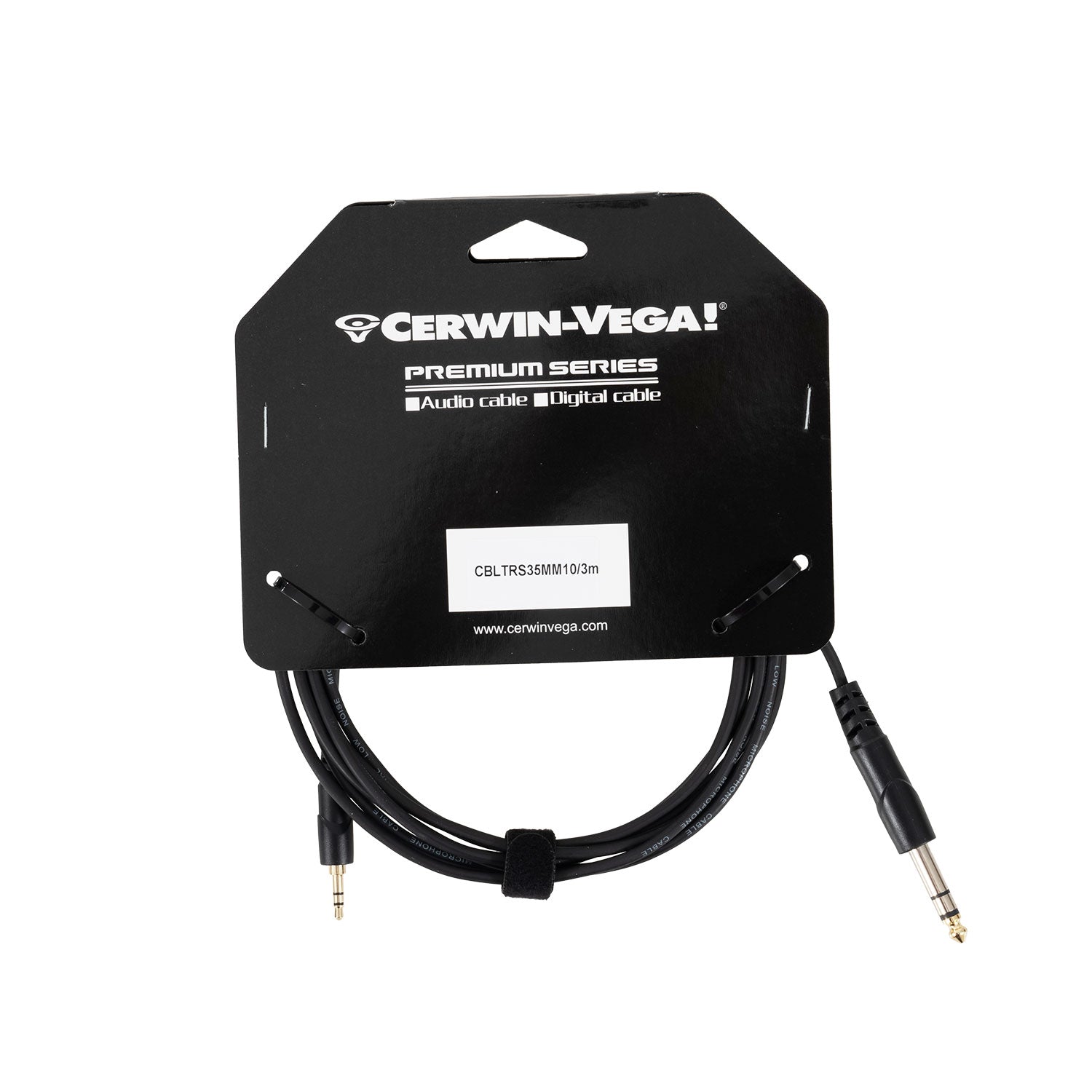 A black Cerwin-Vega! Premium Series CBLTRS35MM10 audio cable, coiled on a black holder, offers pure sound quality with interference shielding. It features a 3.5mm male to 1/4