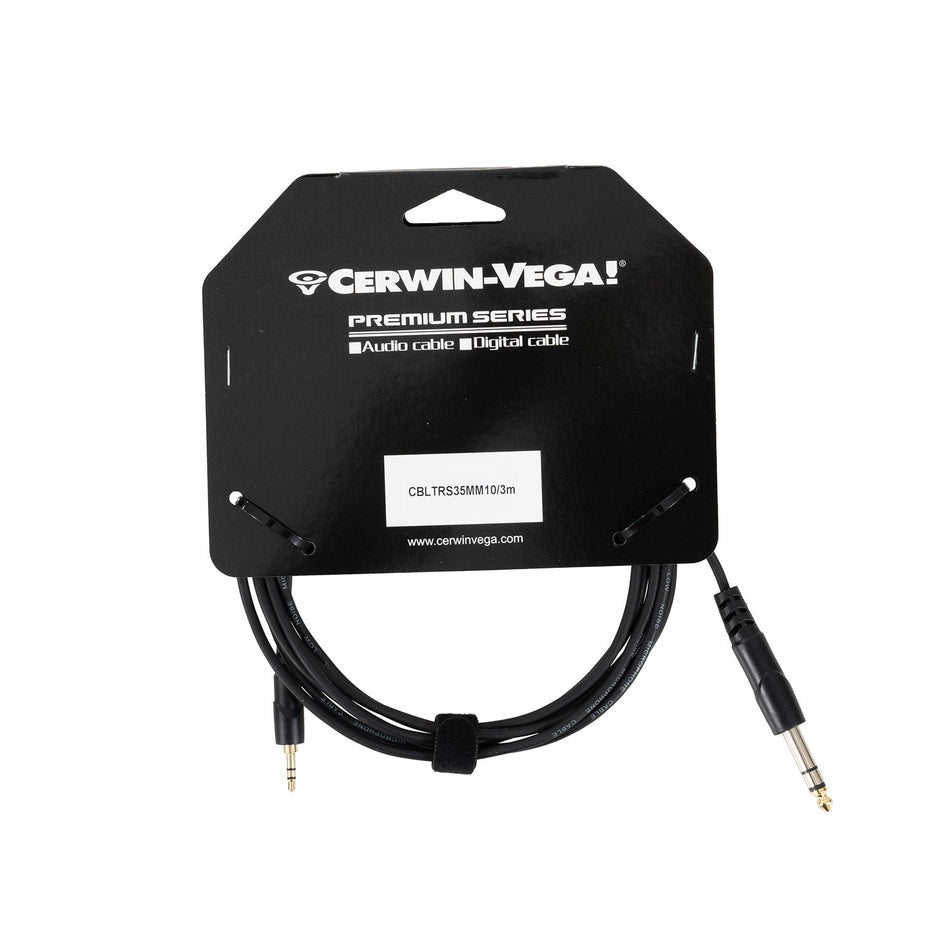 A black Cerwin-Vega! Premium Series CBLTRS35MM10 audio cable, coiled on a black holder, offers pure sound quality with interference shielding. It features a 3.5mm male to 1/4