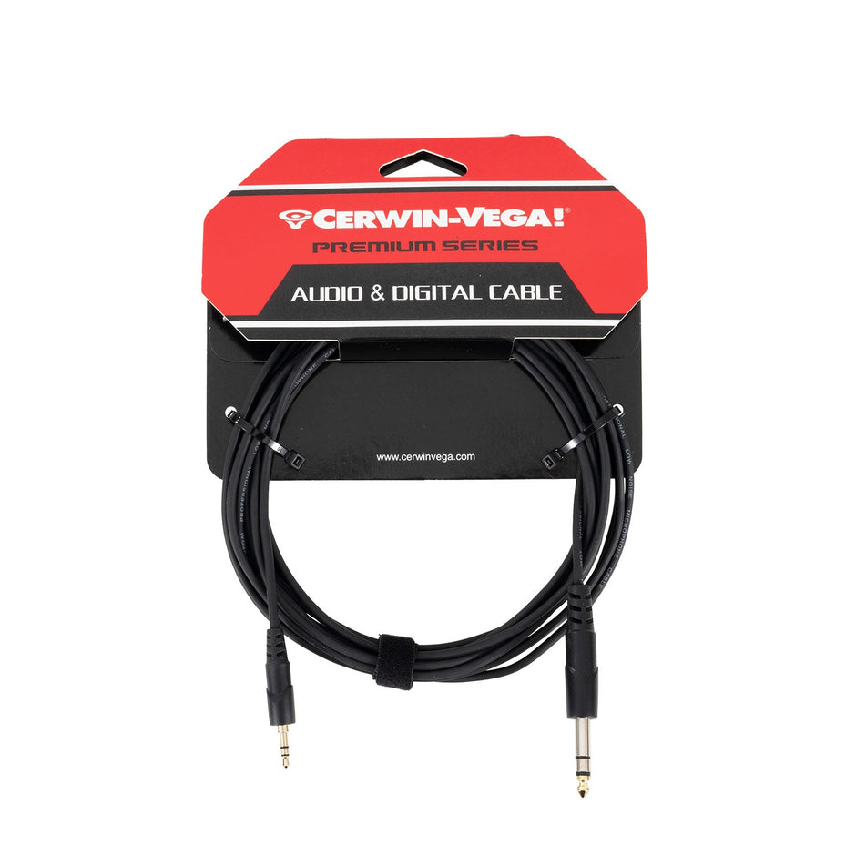The coiled black CBLTRS35MM15 cable features a 3.5mm gold-plated connector, premium copper core for enhanced sound, and is packaged on glossy cardboard with the Cerwin-Vega! logo and "Premium Series Audio & Digital Cable" in red and black.
