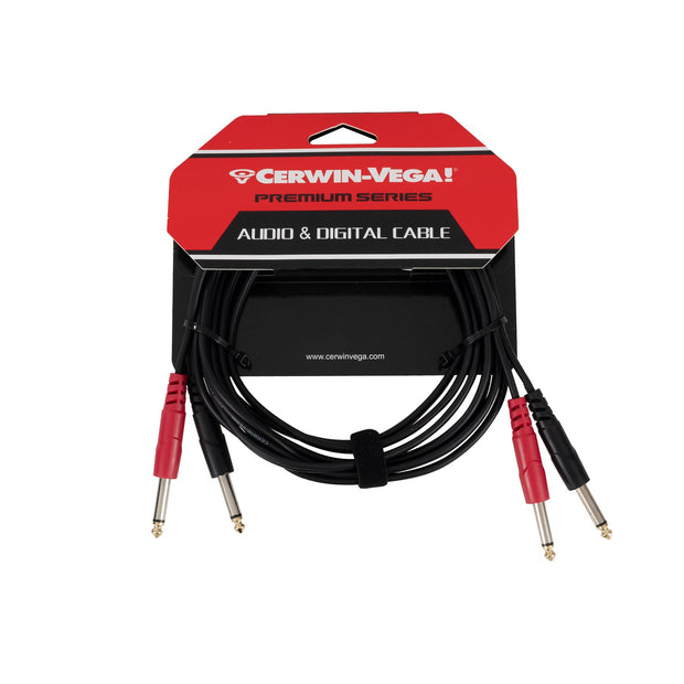 The CBLTRSD12 - 1/4" Dual to 1/4" Dual Male (12FT) cable features high-purity copper coils with dual red and black plugs on each end, packaged in a stylish black and red Cerwin-Vega! Premium Series box, labeled "Audio & Digital Cable" for superior audio transmission.