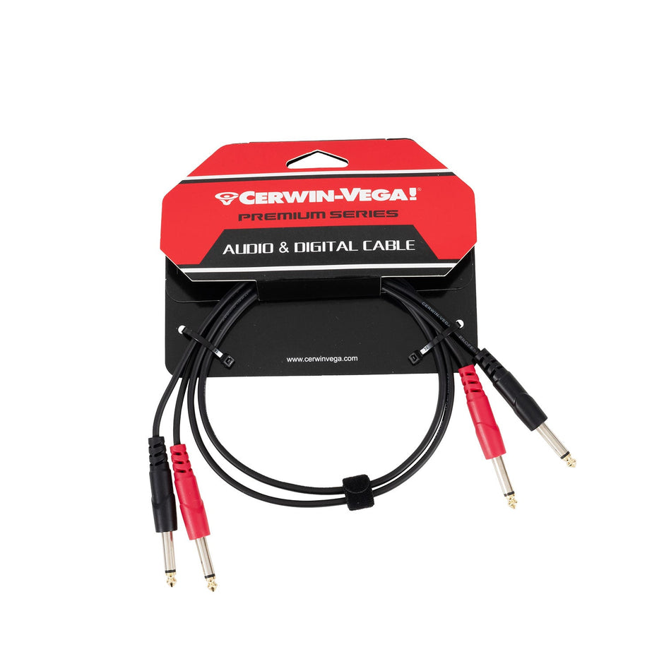 The CBLTRSD4 - 1/4" Dual to 1/4" Dual Male (4FT) cables come in packaging with two black oxygen-free copper cables, metal connectors, and red and black grips. A red cardboard top displays the branding, while a black base holds the coiled premium Cerwin-Vega audio/digital cables.