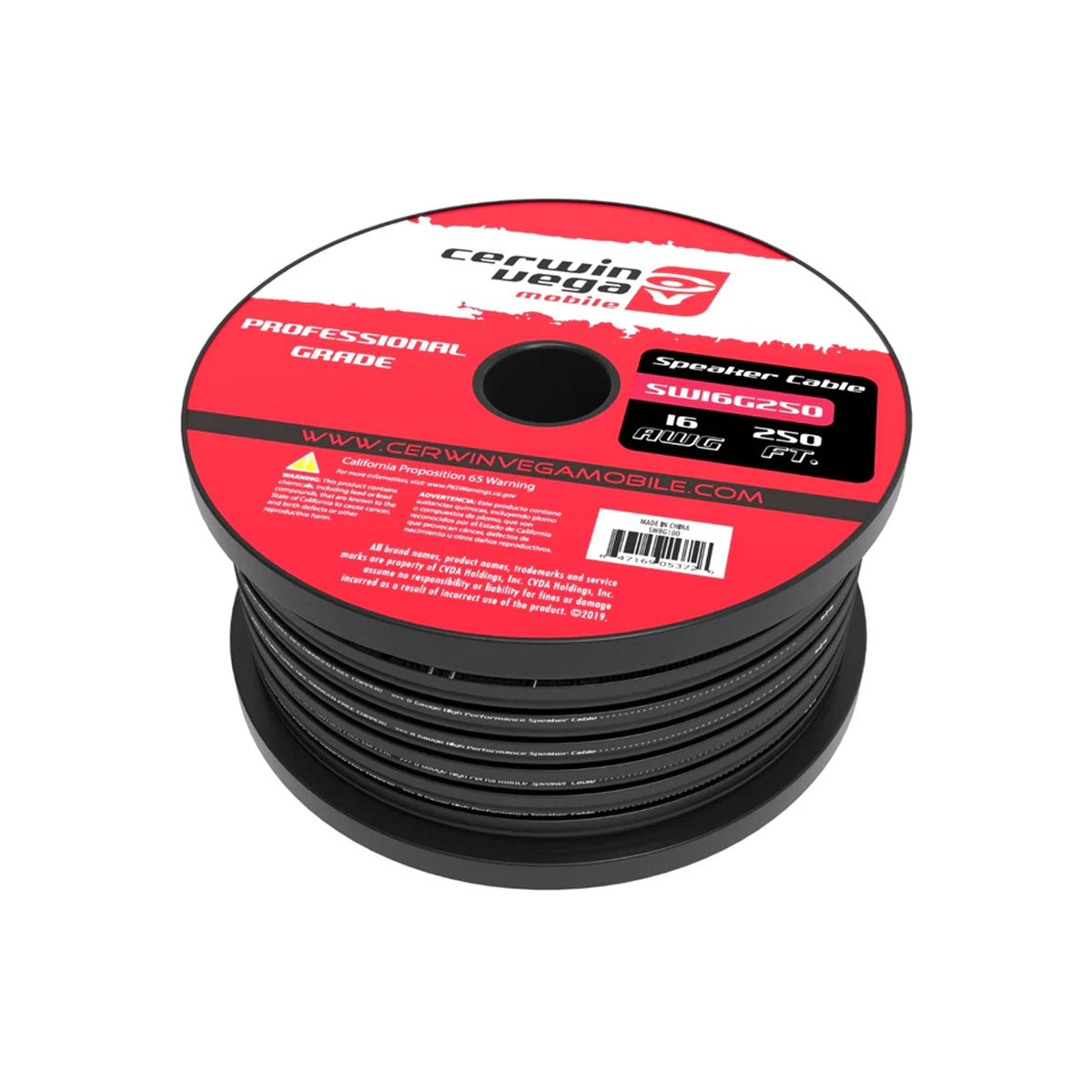 The CERWIN-VEGA OFC 16 Gauge Speaker Wire - SW16G250 is a professional-grade black speaker cable labeled 