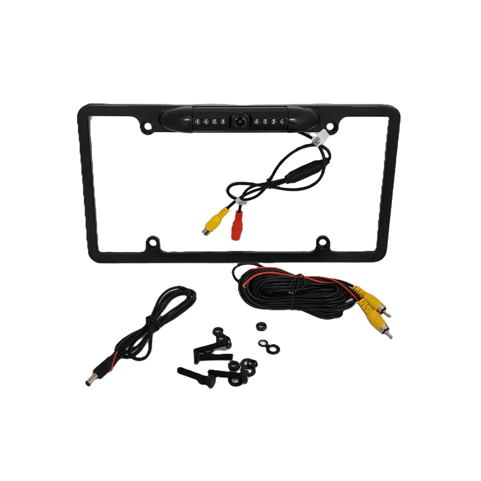 The Black HD License Plate Frame with Backup Camera - CLF1B features a central camera lens for enhanced vehicle safety. It includes red, yellow, and black connectors, with additional mounts and screws neatly arranged below the sleek black frame on a white background.