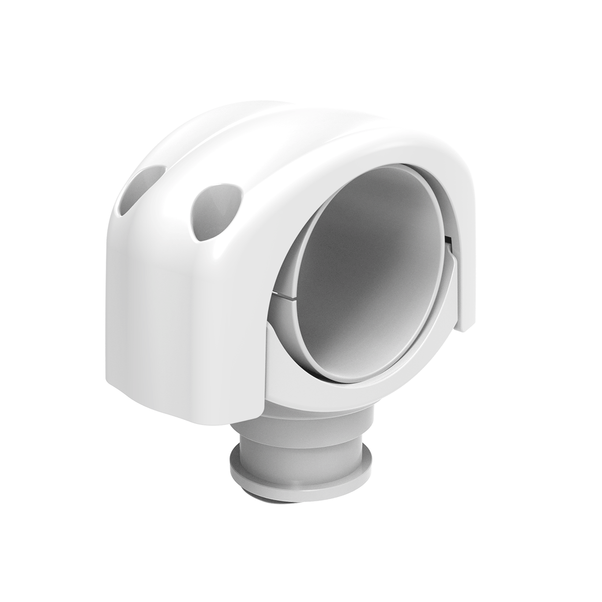 The CS25W clamp, in white plastic, features a circular opening with two symmetric top holes and includes a gray inner ring, cylindrical base connector, and optional rubber pads for enhanced grip—ideal for securing round objects in plumbing or cable management.