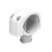 The CS25W clamp, in white plastic, features a circular opening with two symmetric top holes and includes a gray inner ring, cylindrical base connector, and optional rubber pads for enhanced grip—ideal for securing round objects in plumbing or cable management.