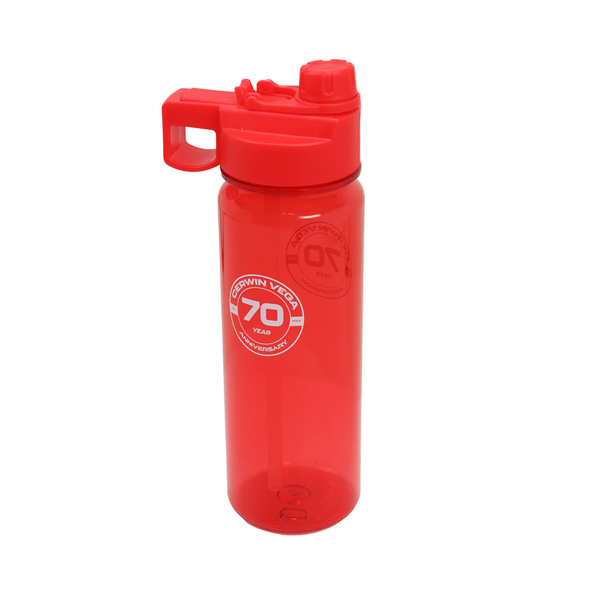 The Cerwin-Vega 70th Anniversary Commemorative Water Bottle is a leakproof, translucent red, 24 oz bottle made from BPA-free plastic. It features a secure flip-top lid, handle, and displays 