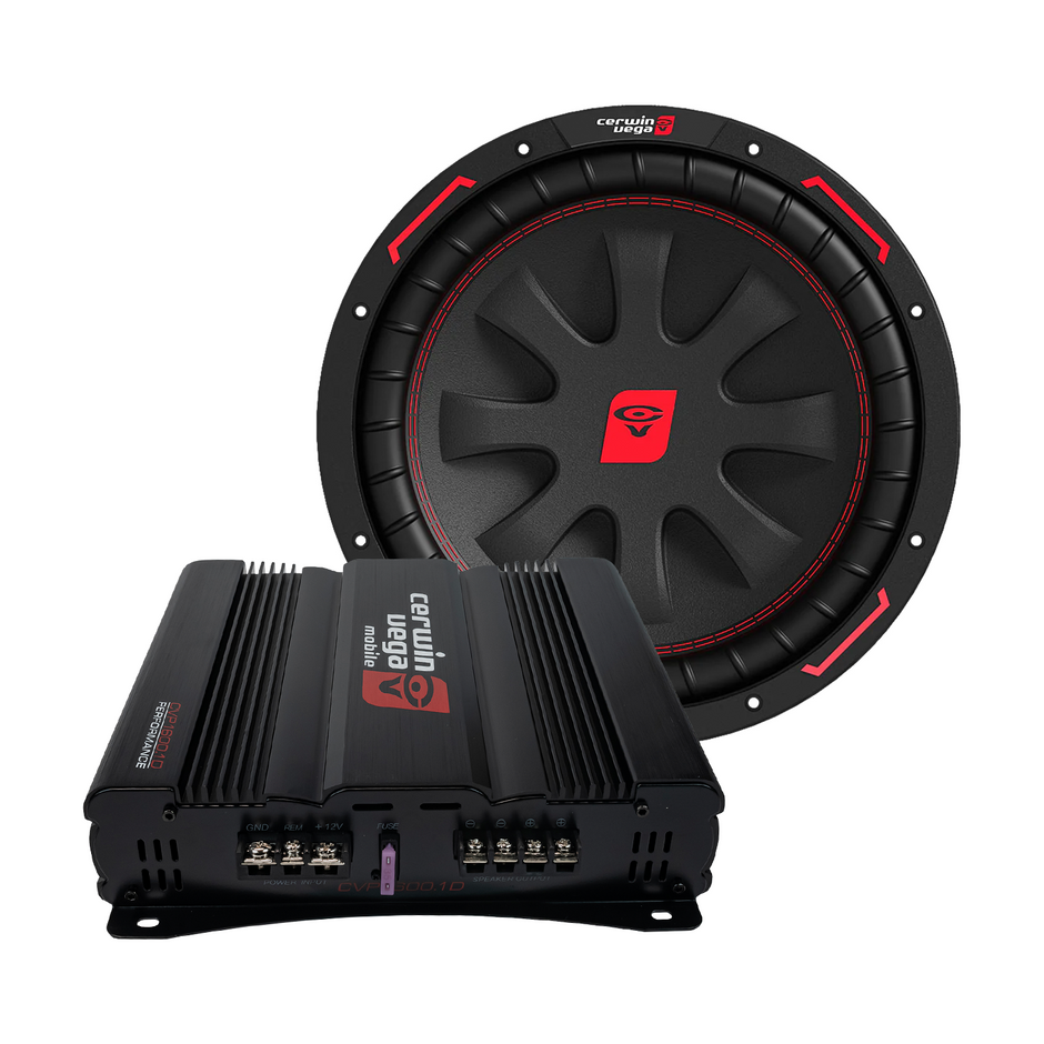A black CVP Series Single 12" subwoofer with red accents and a distinct logo from Cerwin Vega sits behind a sleek black amplifier with control knobs and terminals, exemplifying high-quality design and sound.