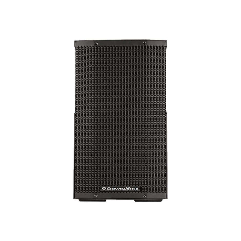 The CVE Series 12" 2-Way Powered Loudspeaker (CVE-12) is a rectangular black speaker with a perforated metal grille, flat top and bottom, and slightly angled front. The centered "Cerwin-Vega" logo complements its simple, modern design ideal for Bluetooth audio streaming.