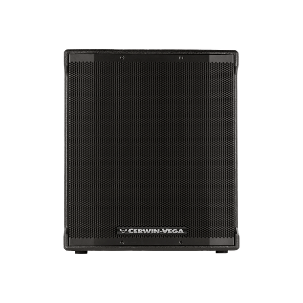 The CVE Series 18" Powered Subwoofer - CVE-18S by Cerwin-Vega has a black exterior with a square, perforated metal grille and centered brand logo. Its minimalist design, with rounded edges and robust look, is ideal for audio amplification needs.