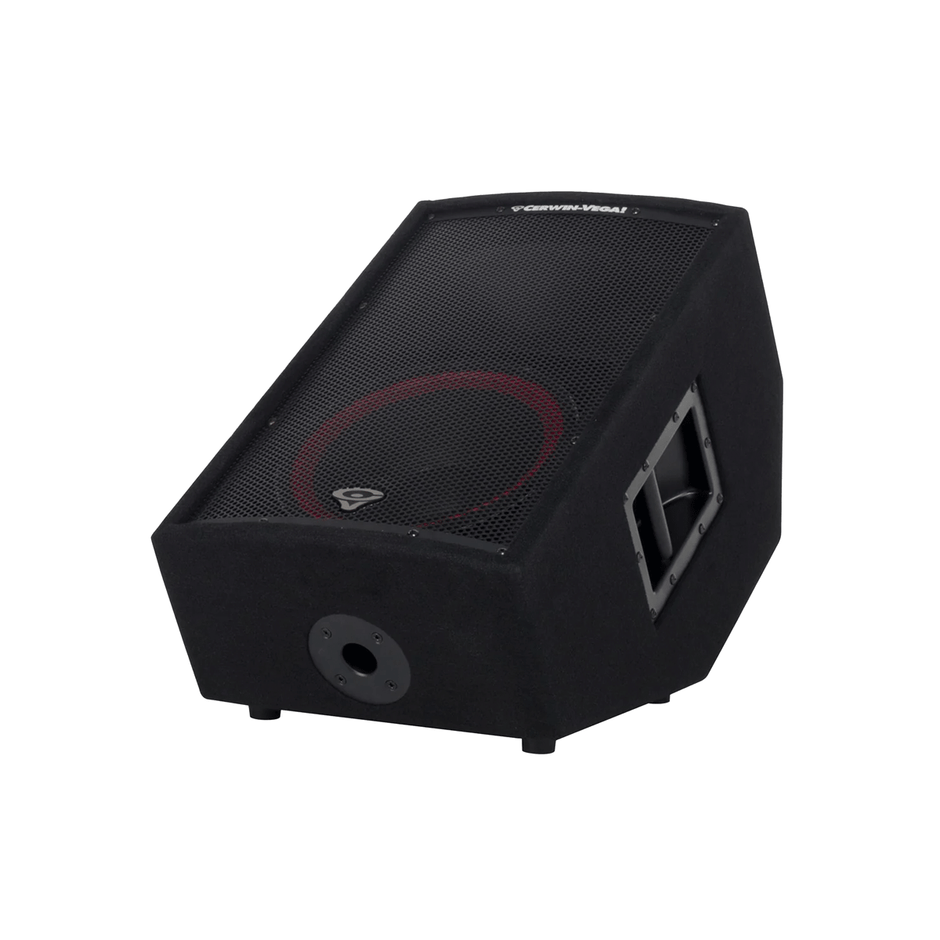 The CVi Series 12" 2-Way Stage Monitor - CVi-122M is angled, featuring a black mesh front with a red accent around the central cone. Its durable exterior includes a metal side handle for easy carrying. Set against a plain white background, it's ideal for stage monitor setups.