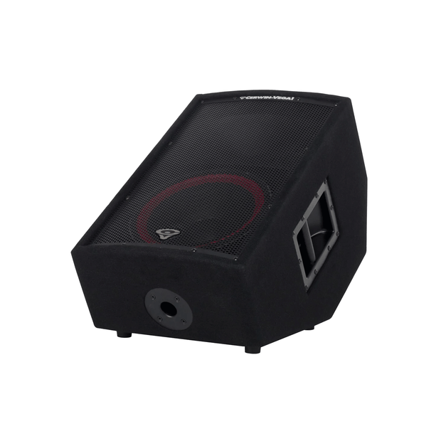 The CVi Series 12" 2-Way Stage Monitor - CVi-122M is angled, featuring a black mesh front with a red accent around the central cone. Its durable exterior includes a metal side handle for easy carrying. Set against a plain white background, it's ideal for stage monitor setups.