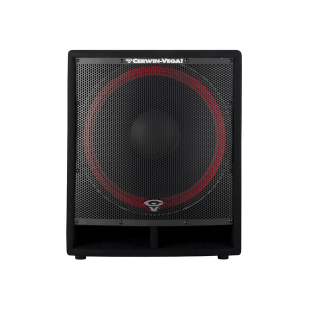 The CVi Series 18" Dedicated Passive Subwoofer (CVi-118S) is a black, rectangular passive subwoofer featuring a red-ringed grille with the "Cerwin-Vega!" logo and emblem, a large central woofer, perforated design, and slightly wider base for stability.