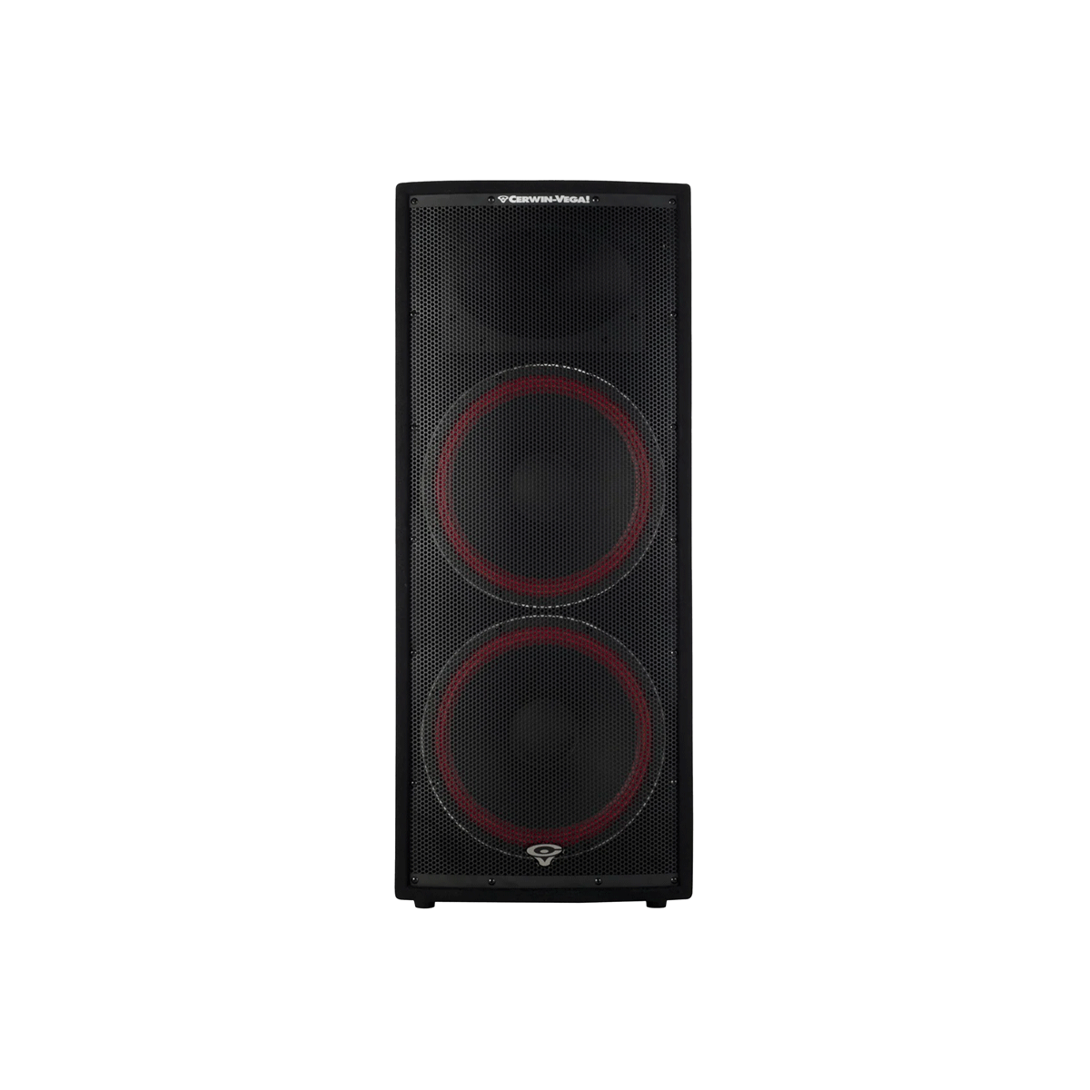 The CVi Portable Loudspeakers feature a modern, minimalistic design with a tall black exterior and two large circular drivers visible through a metal grille. Red accents on the drivers add contrast to the sleek finish, while a small plate at the top displays the brand logo.