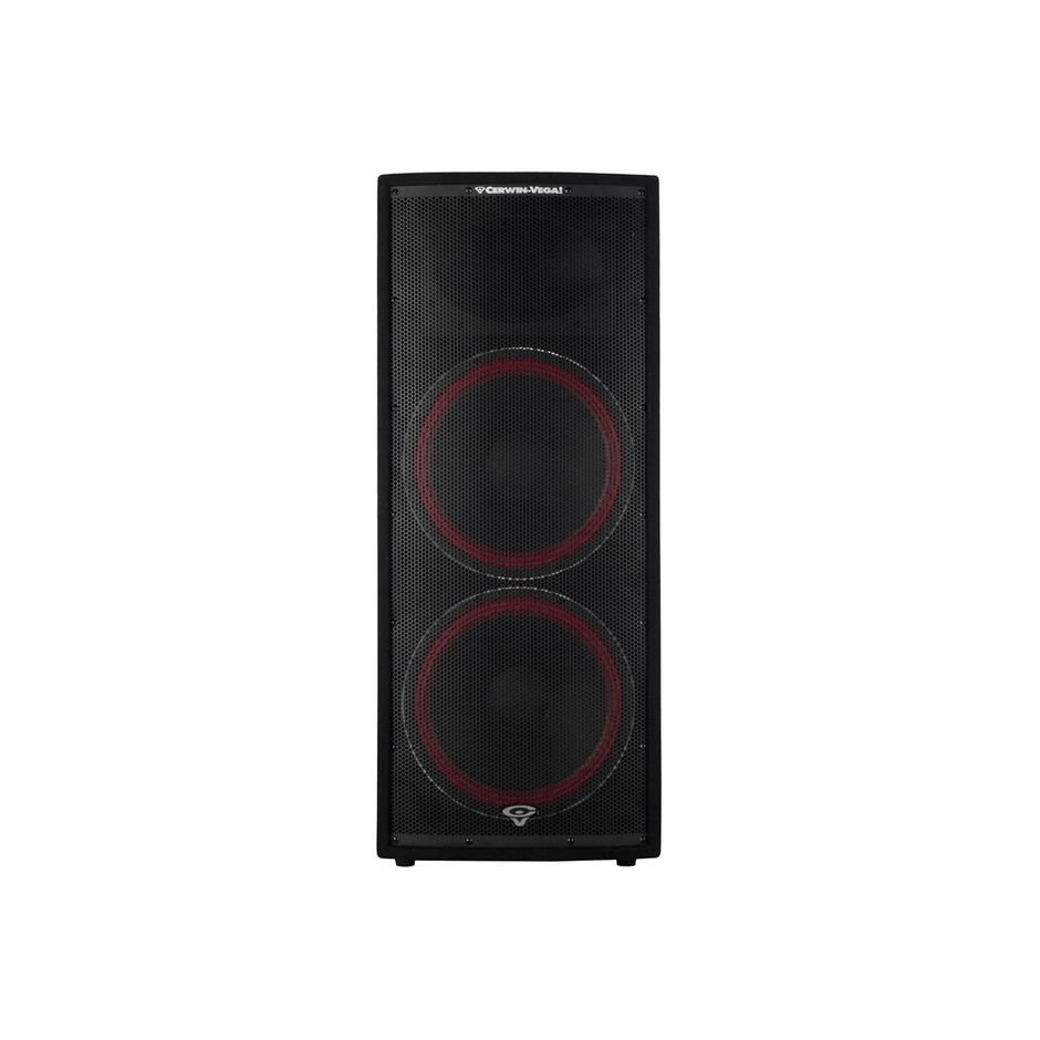 The CVi Portable Loudspeakers feature a modern, minimalistic design with a tall black exterior and two large circular drivers visible through a metal grille. Red accents on the drivers add contrast to the sleek finish, while a small plate at the top displays the brand logo.